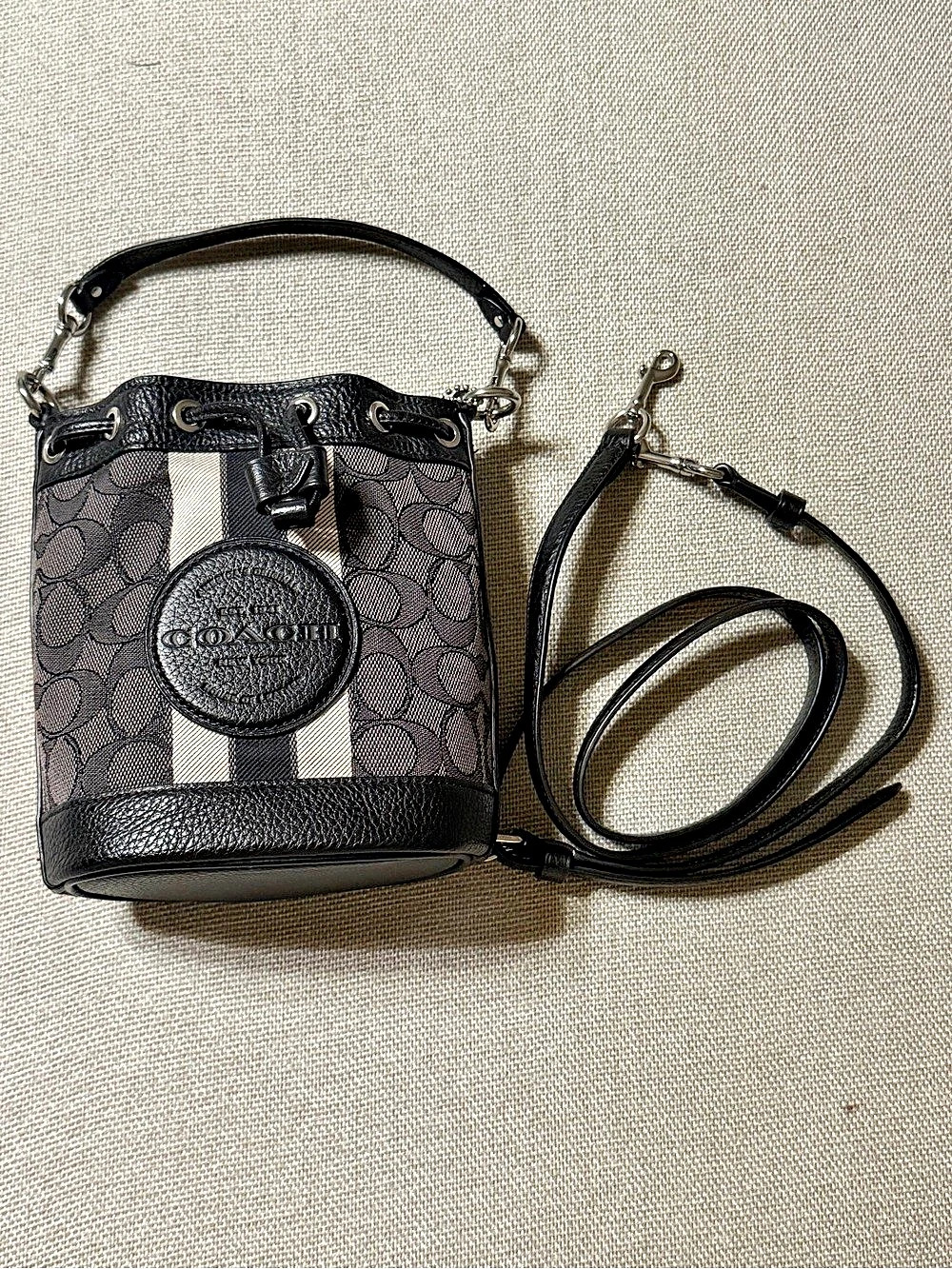 Coach Dempsey Drawstring Bucket Bag 15 in Signature Jacquard with Stripe Black &